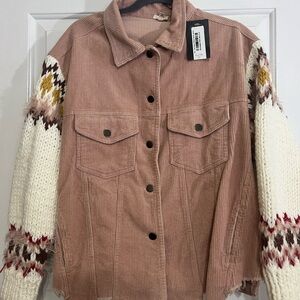 POL Pink Corduroy Jacket with Cream Knit Sleeves